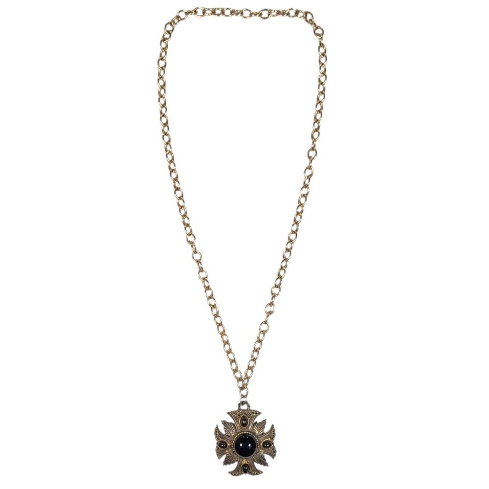 VTG 60s Maltese Cross Pendant Statement Necklace Black Cabochon Brass Tone Goth